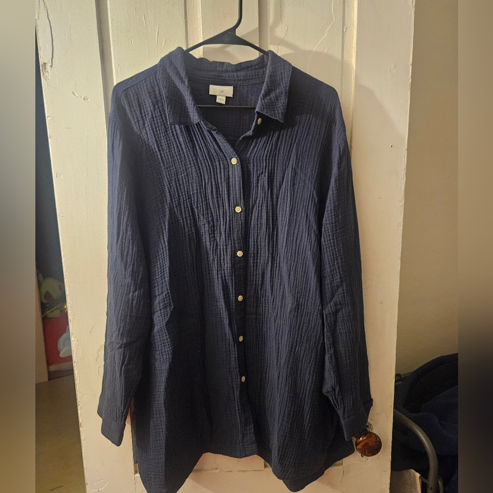 J. Jill Navy 100% Cotton Blue Button Up Shirt